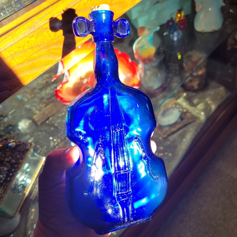 Vintage Blue Glass Cello Bass Violin Bottle w/Cork ~ Music ~ Collectible ~ Cute!
